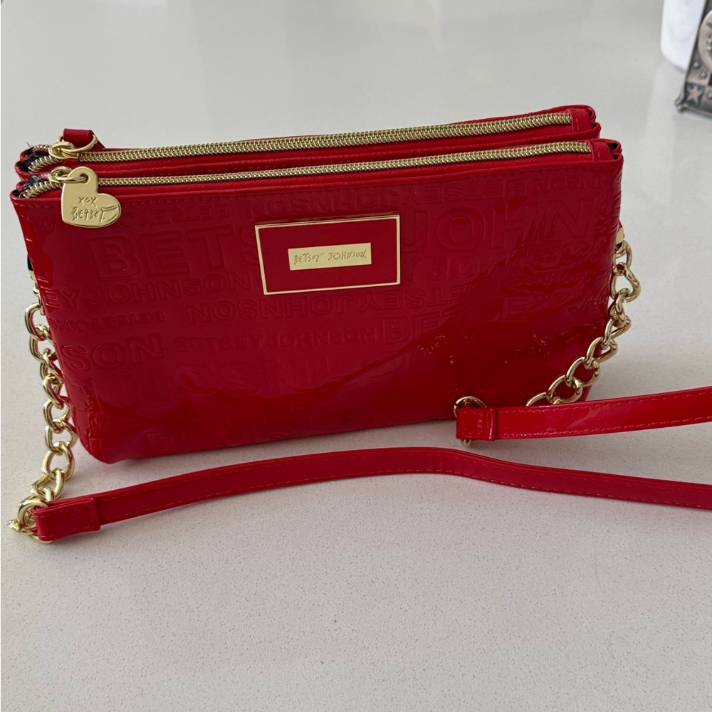 Betsey Johnson Red Patent Monogram Gold Chain Shoulder Purse Crossbody Bag